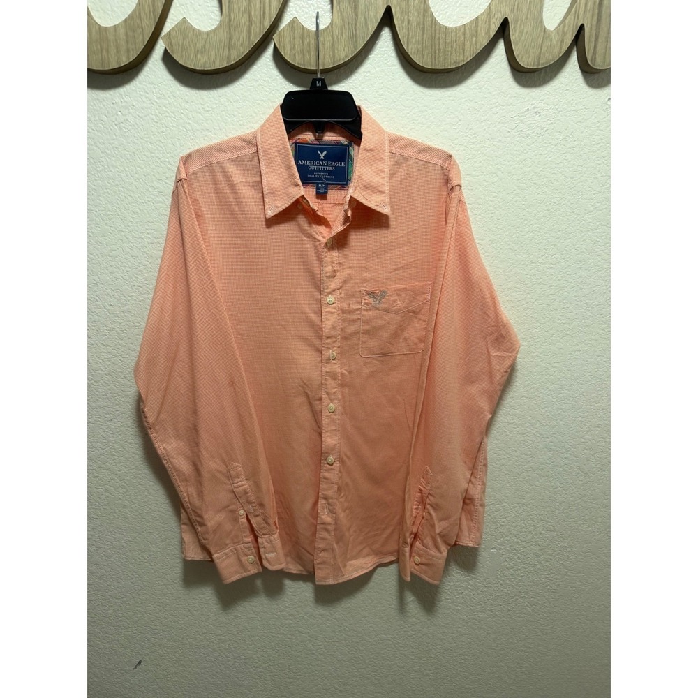 American Eagle Mens Orange Micro Check Long Sleeve Button Down Shirt Size Medium